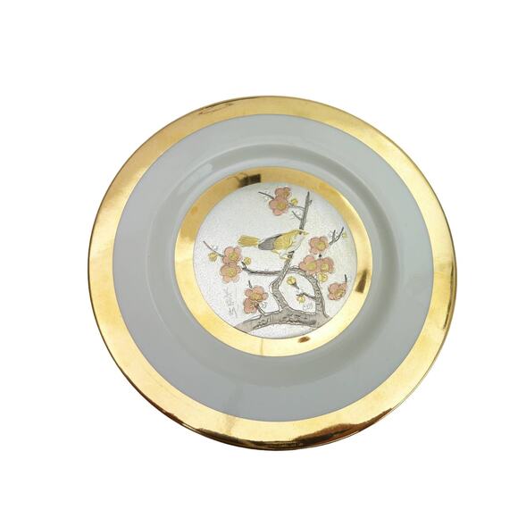 Vintage 24 Kt Gold Edged Silver Porcelain Decorative Plate Little Bird Blossoms - Picture 2 of 6